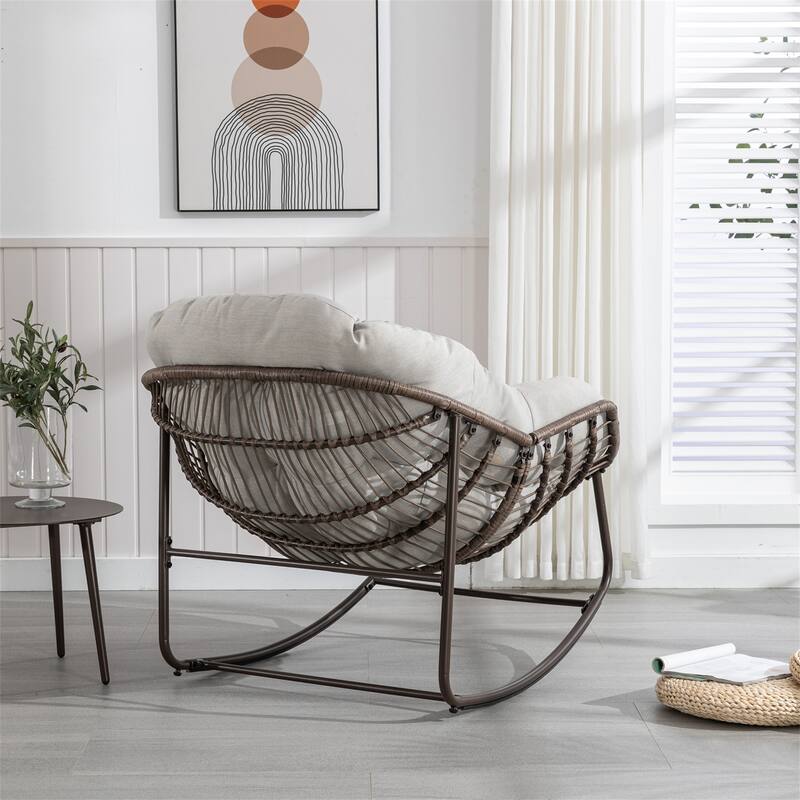Outdoor Rattan Rocker Recliner Chair with Padded Cushion