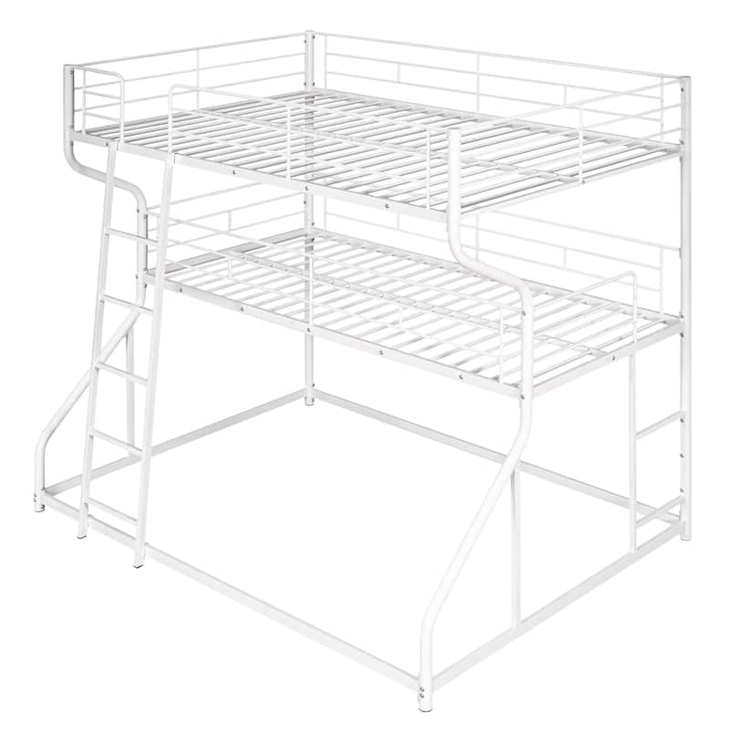 Full XL over Twin XL over Queen Size Bunk Bed with Full Length Guardrails, Heavy Duty Metal Triple Bunk Bed Frame with Ladder