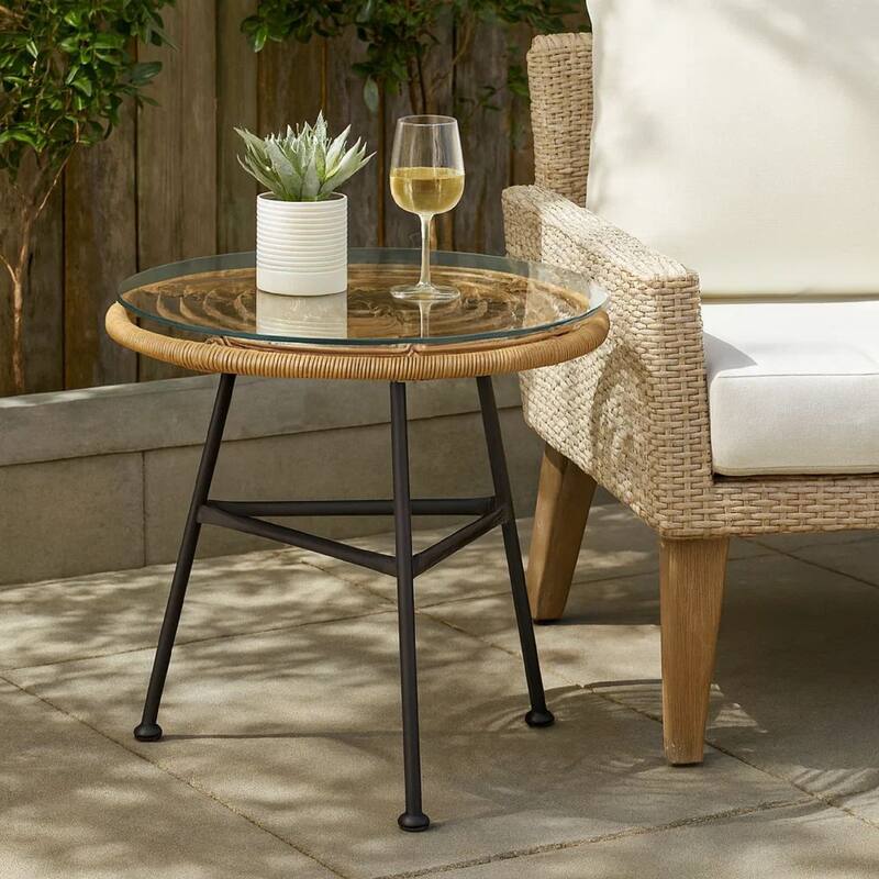 Tee Outdoor Side End Table, 20 Inch Rattan Weave, Glass Top, Steel
