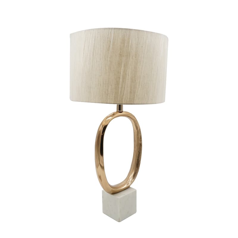 Oval Shape Cut Out Metal Table Lamp with Cream Linen Shade - Multicolor
