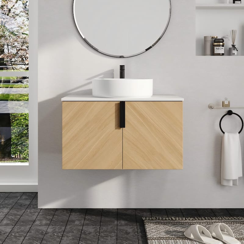Malwee 30"/36" Floating Bathroom Vanity, Wall Mounted Bathroom Vanity with Ceramic Sink and Soft Close Door - Beige-Glossy White Sink - 29.5"×18.9"×21.8"