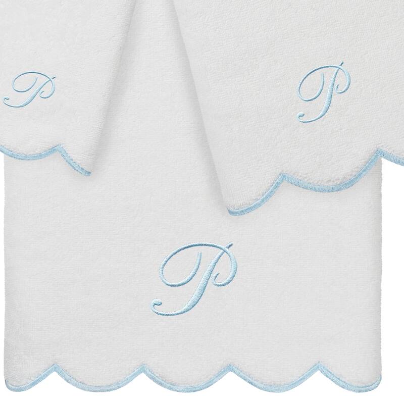 Authentic Hotel and Spa 100% Turkish Cotton Blue ADORNIA Scallop Personalized 3 Piece Towel Set - 3 Piece Set