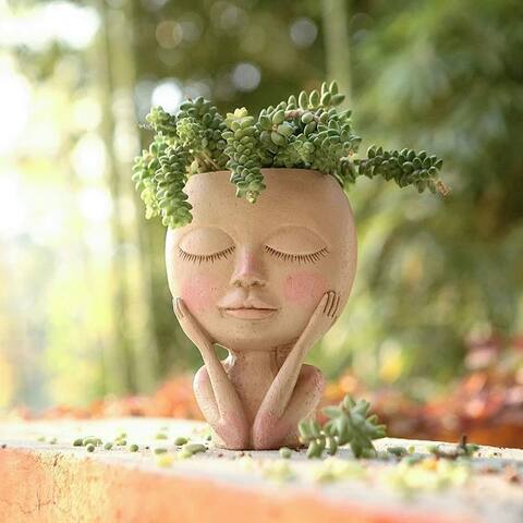 Closed or Open Eyes Girl Face Planter - Resin - 4.72" x 6.69" - Planters for Outdoors - Succulent Pots - Gardening Pots