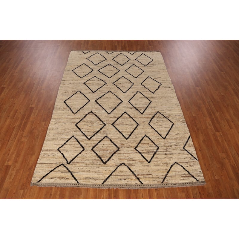 Geometric Moroccan Oriental Rug Hand-Knotted Beige Wool Carpet - 6'7" x 9'11"
