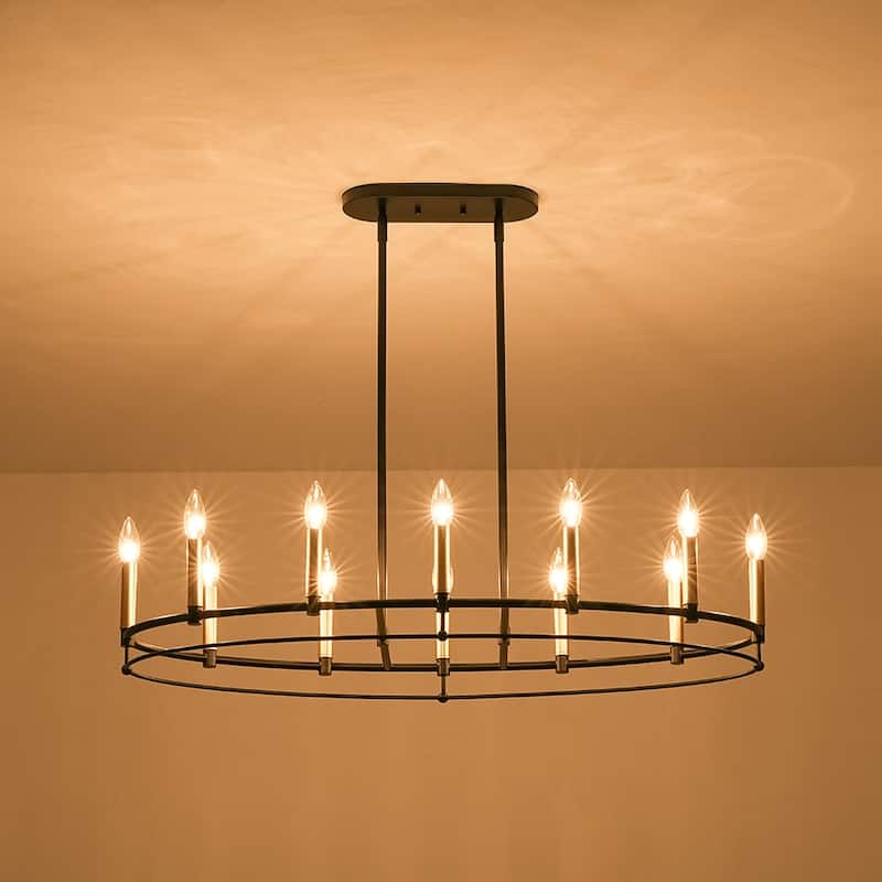 Black Brass 12-Light Large Oval Wheel Candle Style Island Chandelier - 37.5 Inches