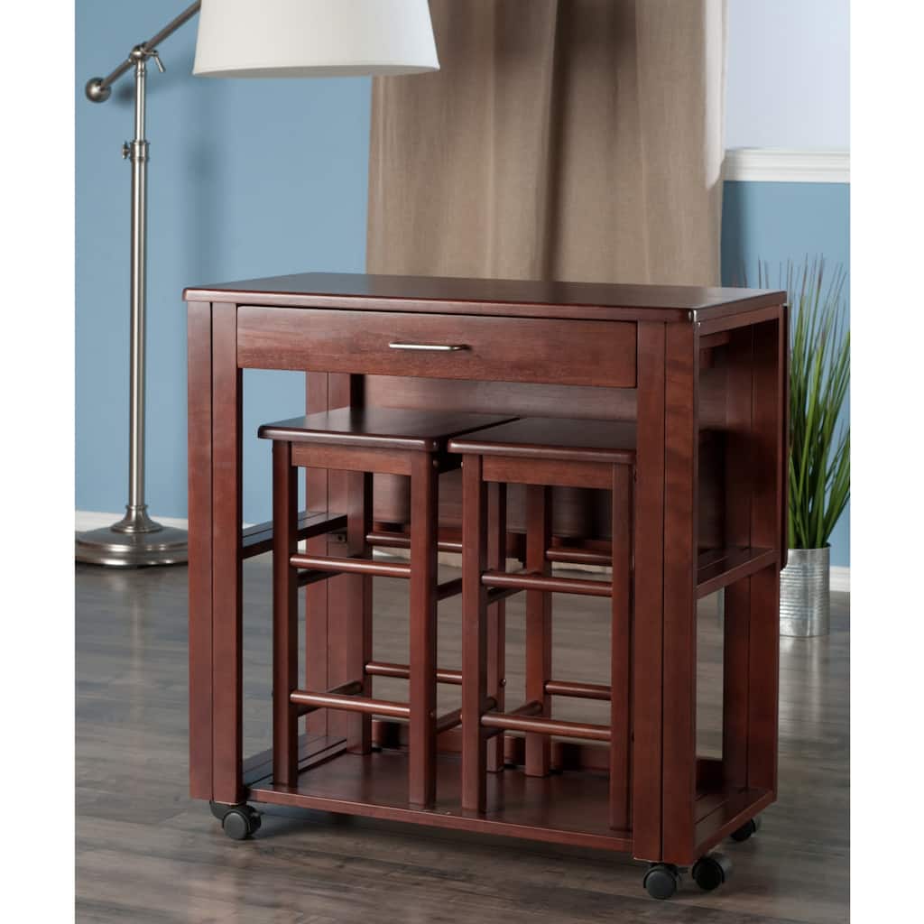 3 Piece Compact Kitchen Table Set with Storage Drawer and Rolling Casters - 30.63 x 31.57 x 31.73 inches
