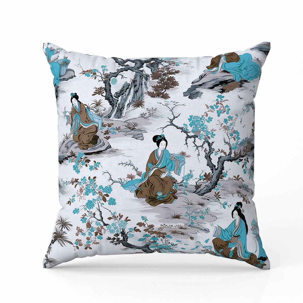 Imperial Palace Garden Indoor/Outdoor Reversible Throw Pillow Grey and Turquoise