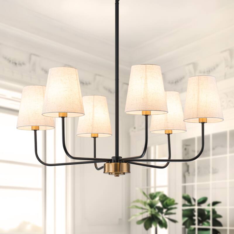 6-Light Metal Chandelier with White Linen Shades - Black & Gold
