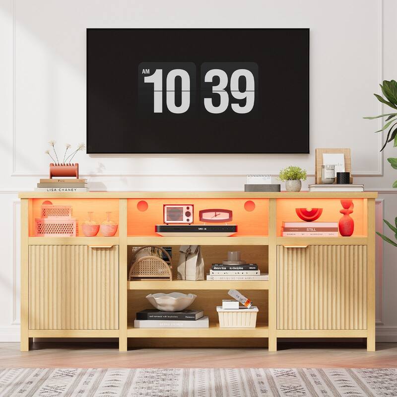 Gyomojoy 71" LED Farmhouse TV Stand for 75-85 Inch TV, Modern Boho Media Console with RGB Lights, 2 Doors & Adjustable Shelves.