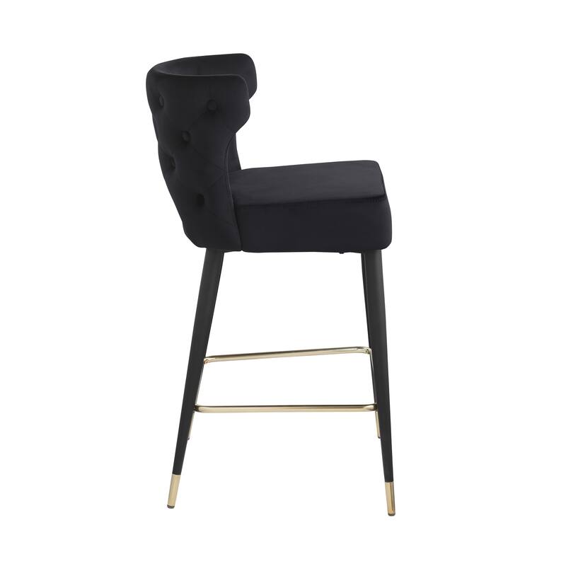 Contemporary Velvet Upholstered Counter Height Stool with Gold Tipped, Black Metal Legs, 22" W x 19" D x 38.5" H