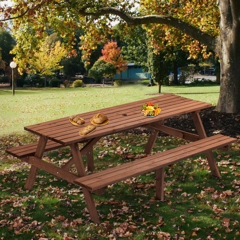 8-Person Fir Wood Rectangular Picnic Dining Set with Built-in Benches & Umbrella Hole