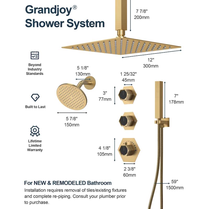 GRANDJOY Thermostatic Shower Faucet Set 12" Ceiling and 6" Wall Mount Rainfall Dual Shower Heads with Handheld Spray Combo