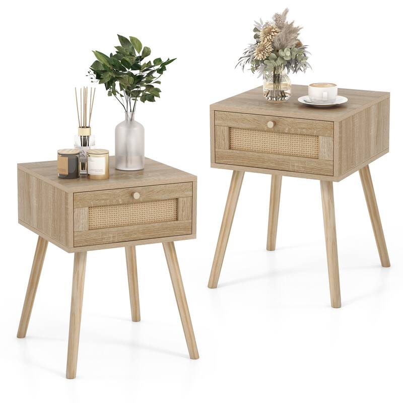 Set of 2 Natural Boho Nightstand with Rattan Drawer and Solid Wood Legs for Bedroom