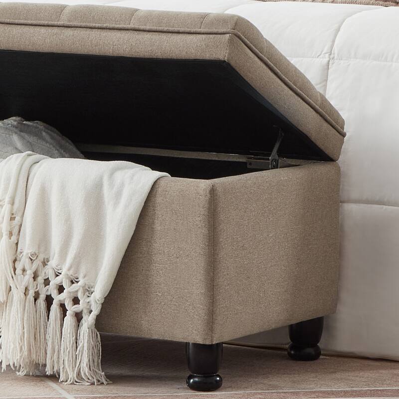 Linen Fabric Tufted Button Storage Bench with Spindle Wooden Legs