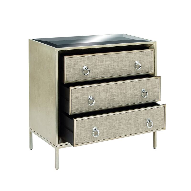 Wooden Upholstered Front Panel 3 Drawer Chest with Mirrored Top and Ring Handles - Beige - Roche River Decor