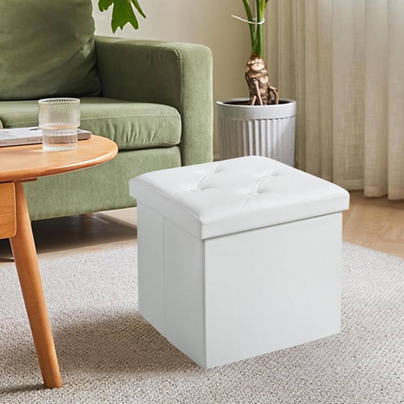 2 PC Storage Folding Ottoman, Storage Footrest Stool, Faux Leather Storage Bench Cube with Padded Seat for Small Space