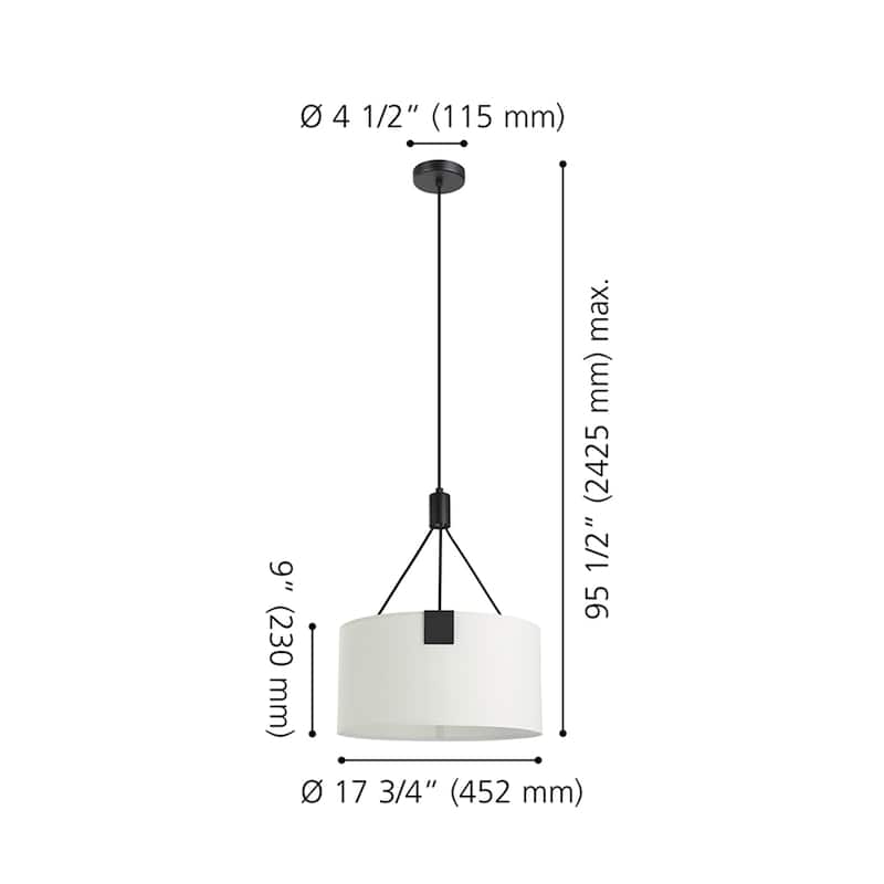 Tortola - 3-Light Drum Pendant -Structured Black Finish with White Shade - 17.75"L X 17.75"W X 21.00"H