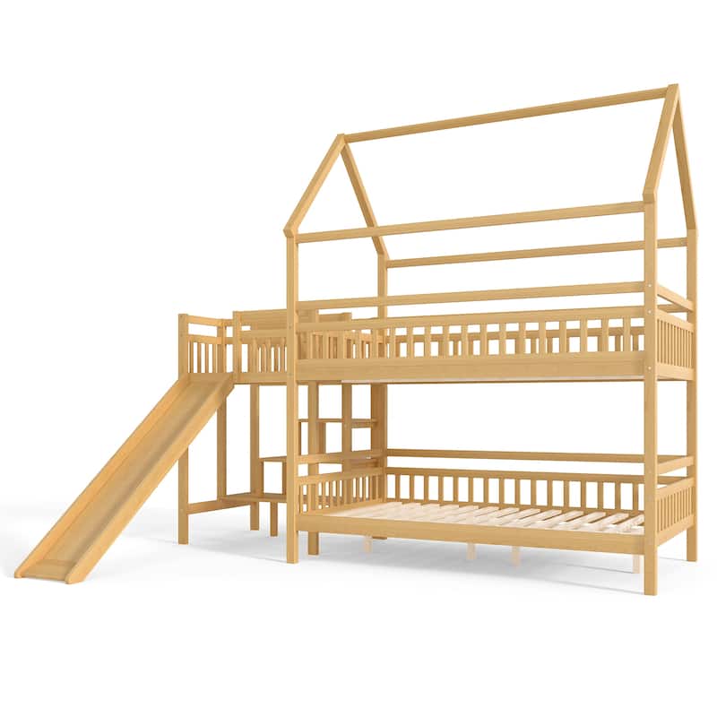 Full/Twin House-Shaped Bunk Bed with Slide & Storage Stairs, Playhouse Bed with Two Placement Methods