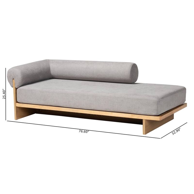 Bertille Left-Arm Chaise Lounge with Solid Wood Base - Minimalist Sofa Daybed with Grey Fabric Cushion and Bolster Pillow