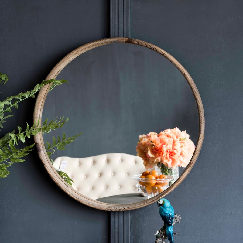 Round Wall Mounted Wood Mirror - Brown