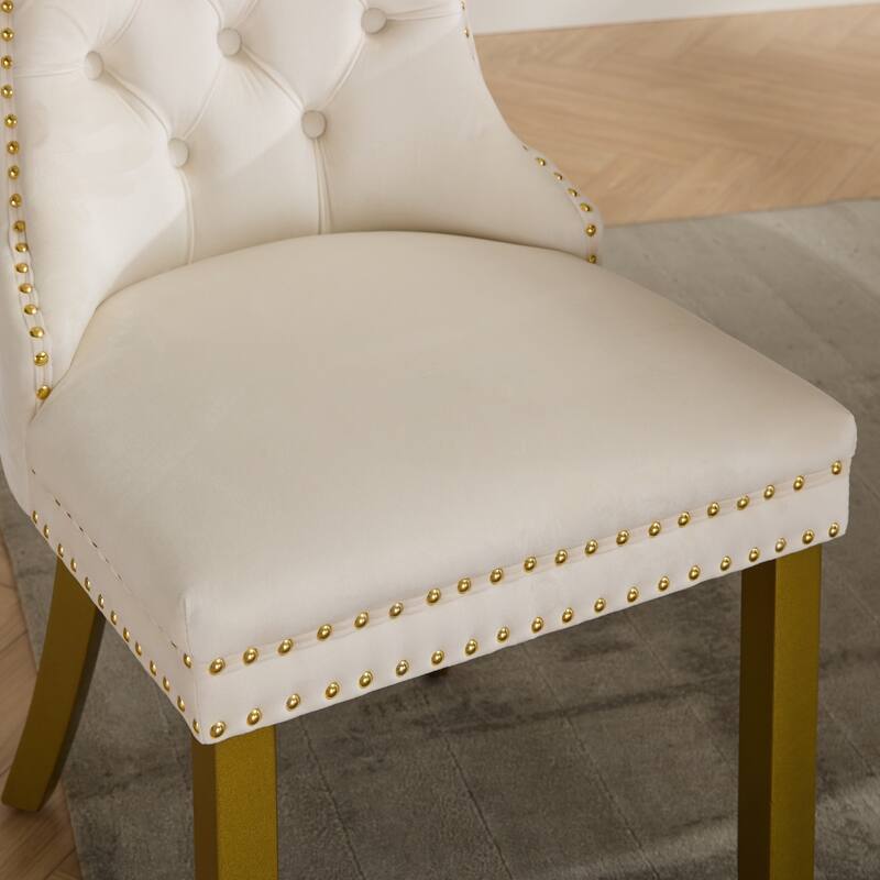High-end Tufted Solid Wood Contemporary Velvet Upholstered Dining Chair with golden Wood Legs Nailhead Trim 2-Pcs Set