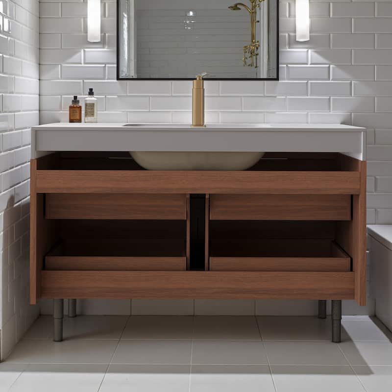 35.4" Farmhouse Bathroom Vanity with Sintered Stone Top, Undermount Sink, 4 Soft-Close Drawers, Free-Standing or Wall Mounted