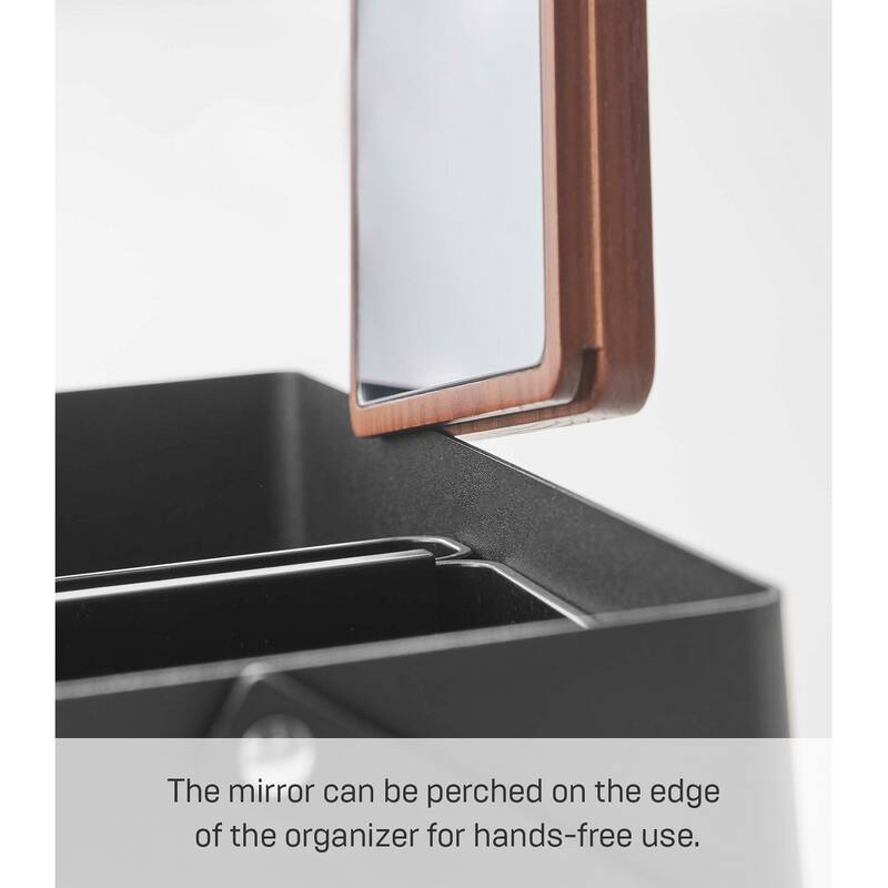 Yamazaki Home Makeup Organizer with Mirror, Steel and Wood, Holds 3.3 lbs - L 5.91 x W 12.2 x H 6.18 inches