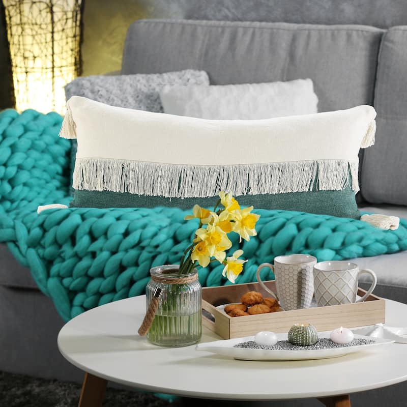 HomeRoots 14" X 36" Emerald Green And Off-White 100% Cotton Zippered Pillow