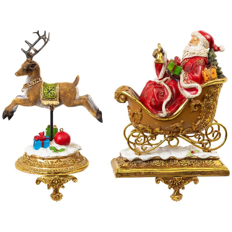 Set of 2 Gold Santa Reindeer Glittered Christmas Stocking Holders 9.5"