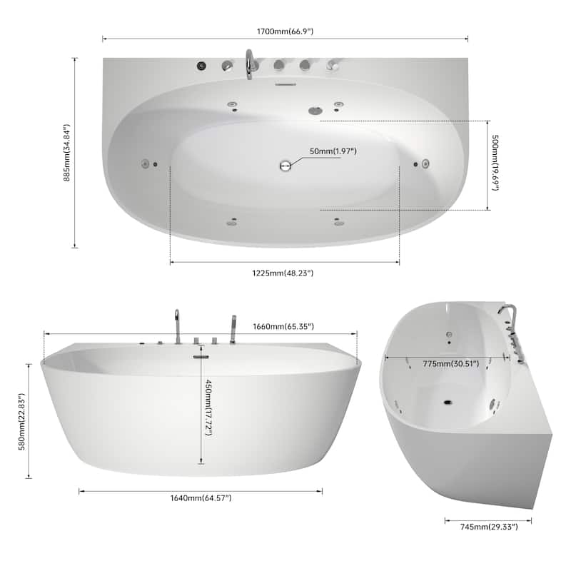 67 in. Freestanding Acrylic Whirlpool Bathtub with 6 Jets, Chromatherapy LED Lighting, 4-Hole Faucet Kit, Center Drain