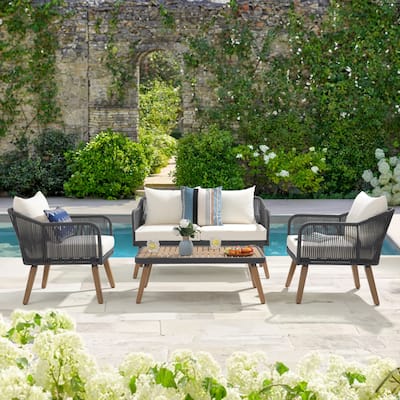 Outdoor 4 Pieces Rope Conversation Set with Cushions