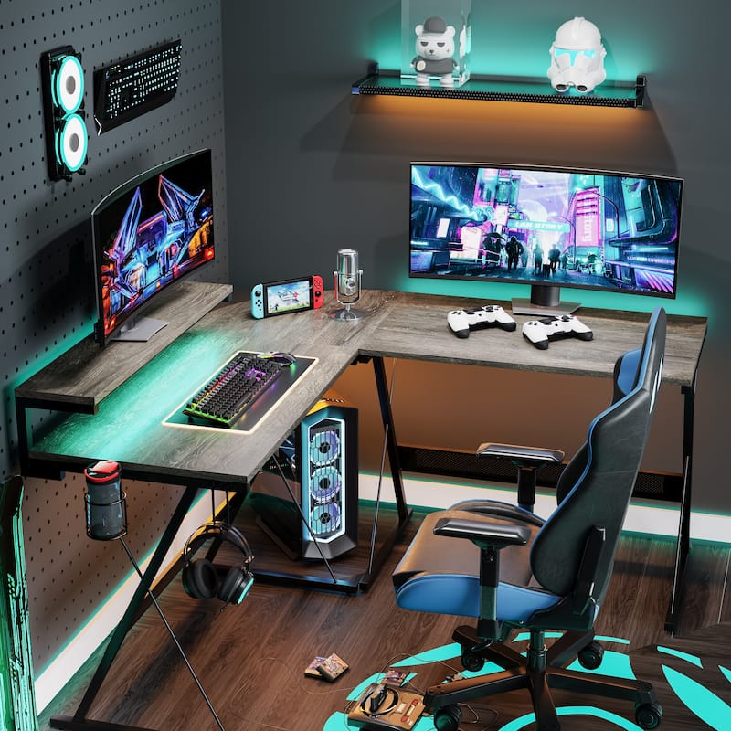 L-Shaped LED Gaming Desk Corner Computer Desk with Monitor Stand