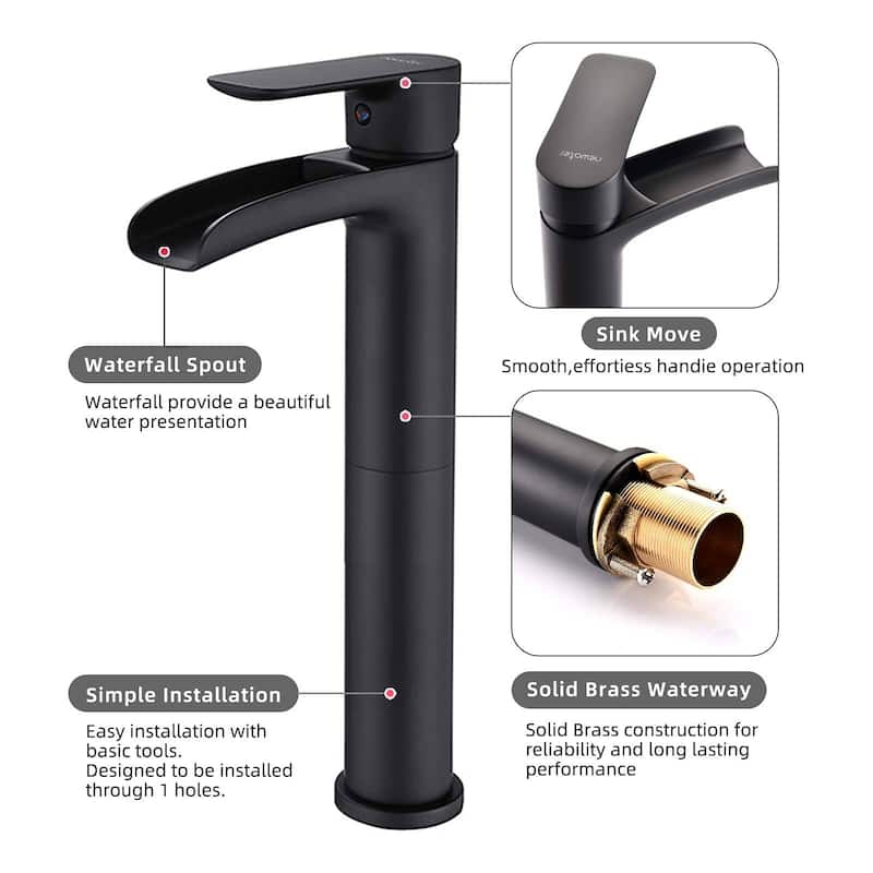 Vessel Sink Faucet Waterfall Bathroom Faucet, Matte Black