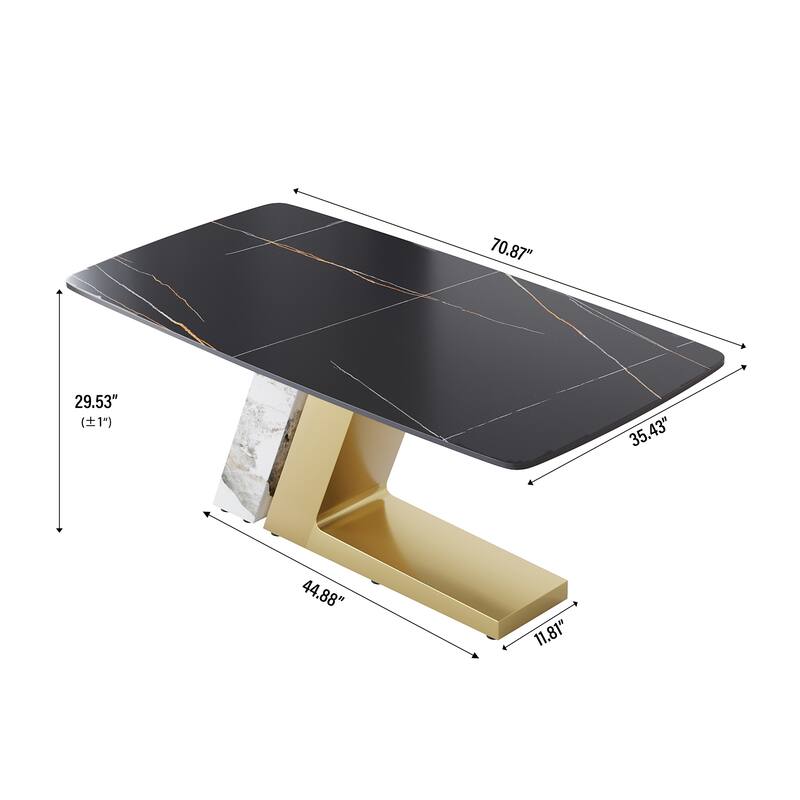 Rectangle Dining Table Faux Marble Tabletop Sintered Stone Panel with Stainless Steel Pedestal