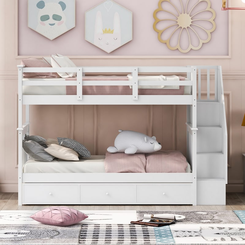 Stairway Twin-Over-Twin Bunk Bed with Three Drawers for Bedroom, Dorm
