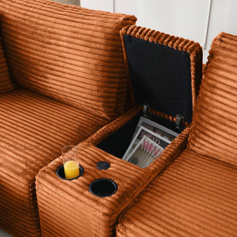 Modular Sectional Sofa, Deep Seat Corduroy Cloud Couch with Cup Holders, USB Ports & Storage Box