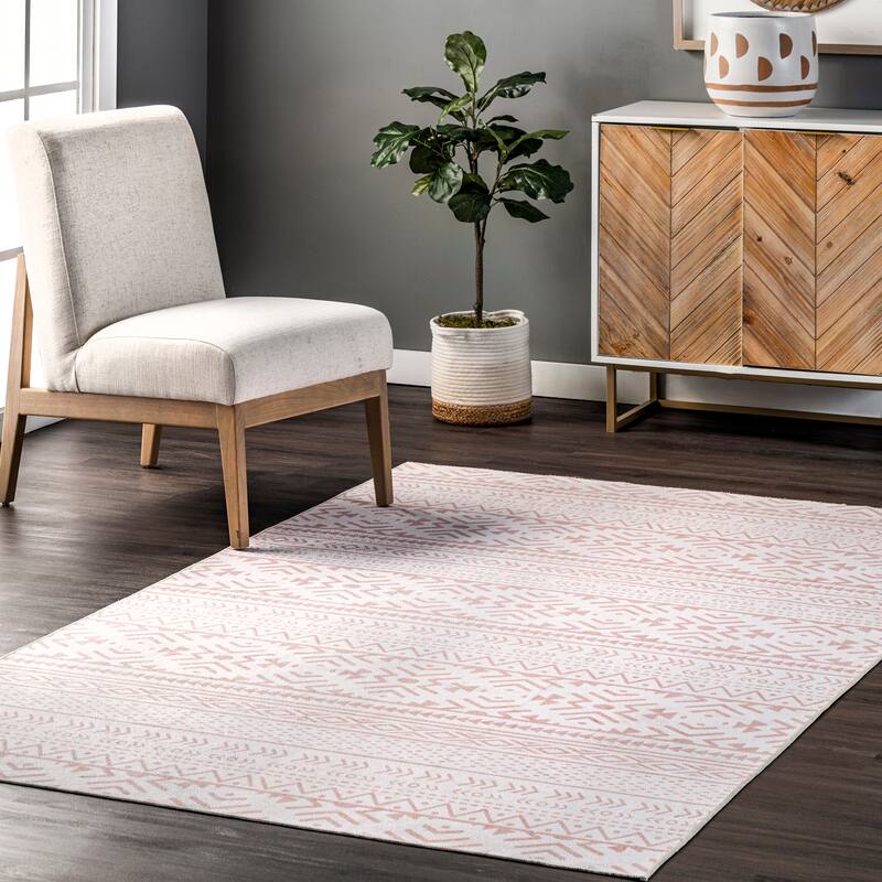 Nuloom Calia SpinClean Machine Washable Aztec Bands Area Rug - 8' x 10' - Pale Pink - Rectangle