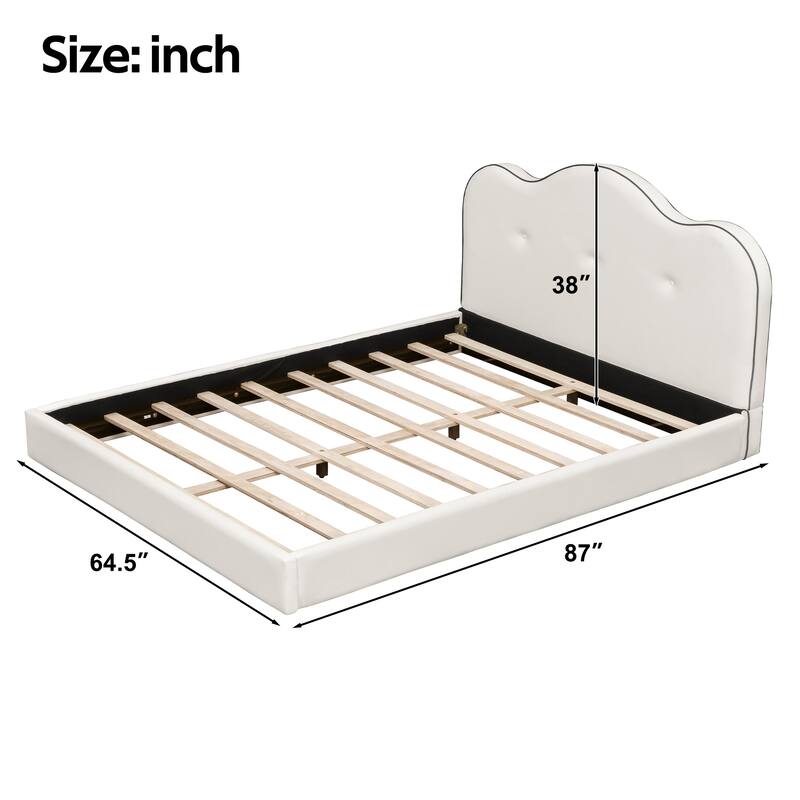 Beige Grounded Platform Bed Frame with Fabric Upholstered Headboard and Wooden Slats Support/No Box Spring Needed/Easy Assembly