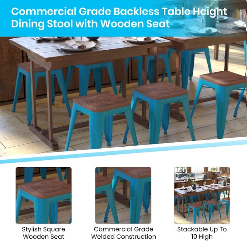 Set of 4 18" Table Height Indoor Stackable Metal Stool with Wood Seat