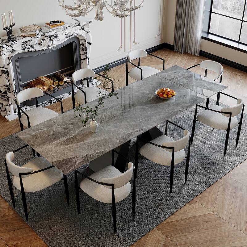 110.24 Inch Modern Minimalist 9 - Piece Extendable Sintered Stone Top Double Pedestal Dining Set - Italian Gray