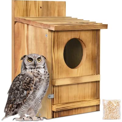 Brown Wood Outdoor Screech Birdhouse with Ventilation and Scratching Pole - 9 x 7.5 x 14.5 inches (L x W x H)