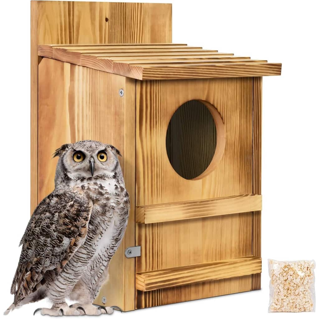 Brown Wood Outdoor Screech Birdhouse with Ventilation and Scratching Pole - 9 x 7.5 x 14.5 inches (L x W x H)