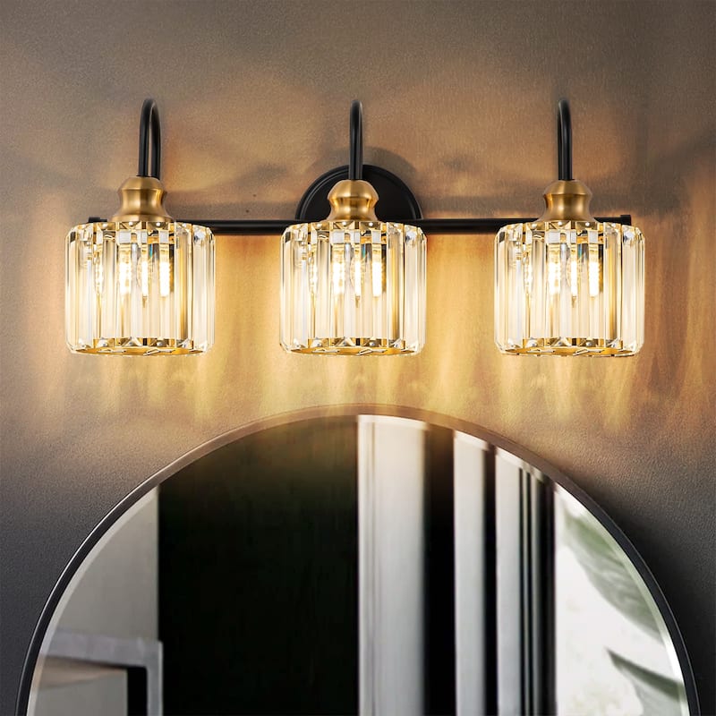 3/ 4-Light Modern Glam Crystal Dimmable Bathroom Vanity Light Linear Wall Light - 3 Light - Black with Brass