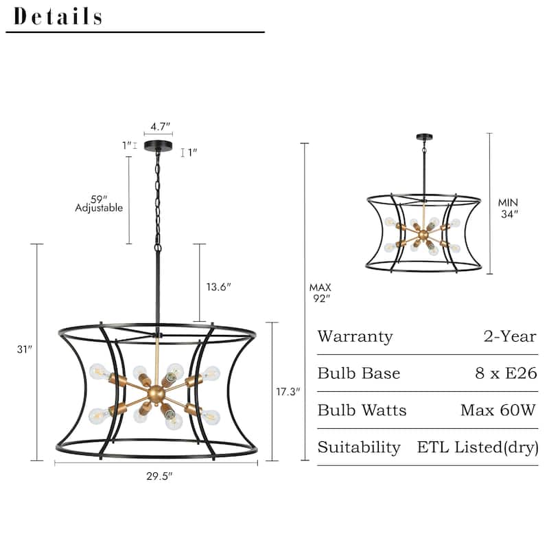 Modern 8-Light 29.5"D Chandelier Black Gold Drum-Shaped Large Pendant for Dining Room - Drum