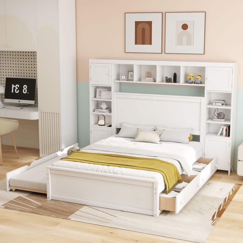 Modern Platform Bed with Integrated Cabinet and Drawers