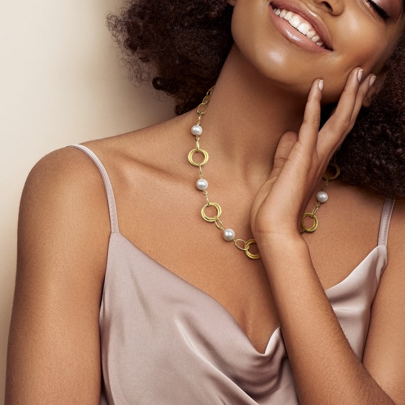 Miadora 9-10mm Cultured Freshwater Pearl and Circle Rings Necklace in Yellow Silver20 in - 20 in x 16.8 mm x 9.5 mm
