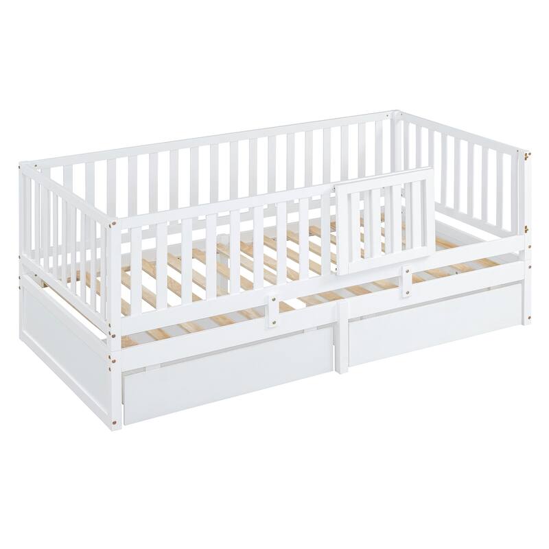 Twin Size Wood Daybed with Guardrails and Drawers, Convertible to Floor Bed, White