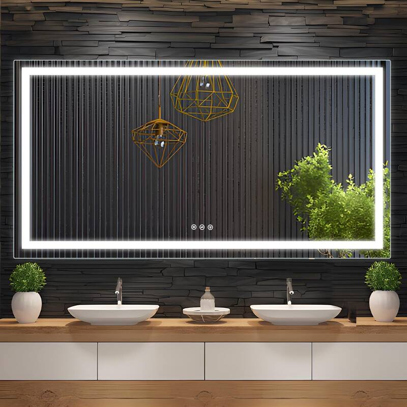 LED Bathroom Mirrorwith Front and Backlight, Stepless Dimmable Wall Mirrors with Anti-Fog