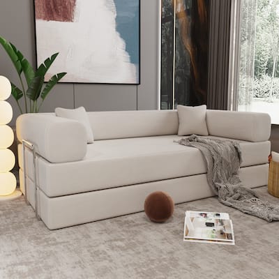 Beige Corduroy and Foam Double Sofa Bed with High - Elasticity Sponge and Soft Pillows