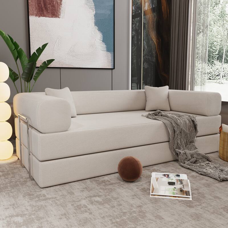 Convertible Couch Modular Sofa Bed with Wide Armrests, Beige Upholstered Sofa Couch with Pillows for Living Room